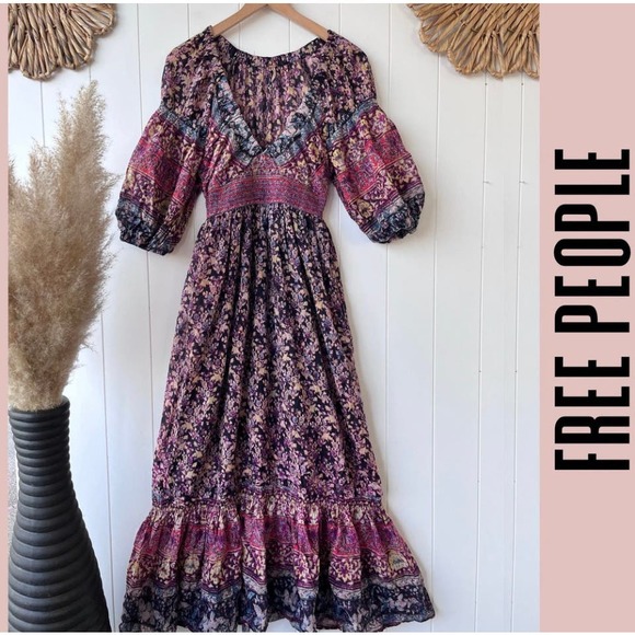 Free People maxi dress XS floral ruffles cottage spring summer - Picture 2 of 5